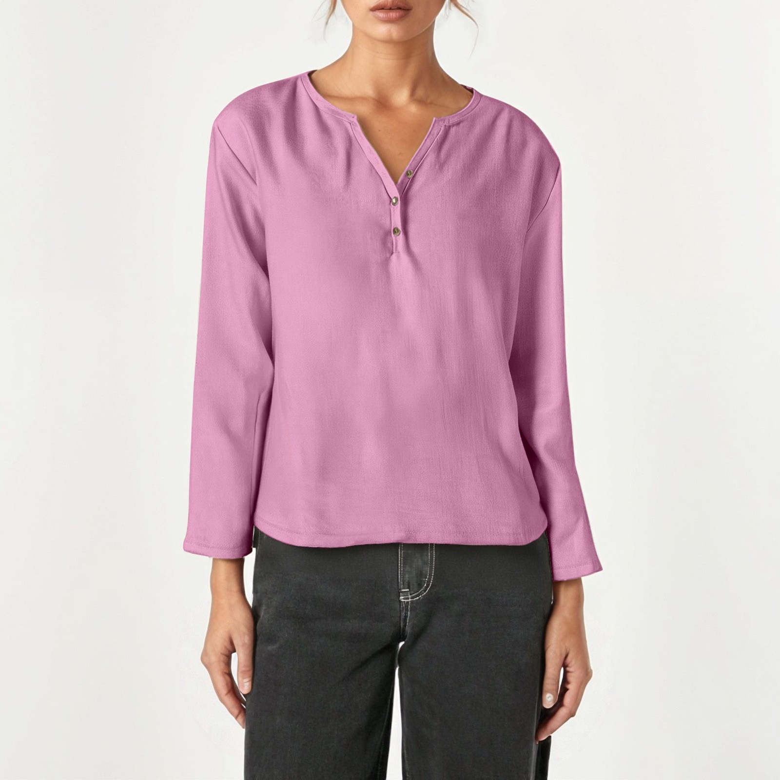 thumbnail image 2 of Camiseta informal de manga larga y cuello en V - Elegante cuello en V, color versátil, tejido cómodo, 2 of 5